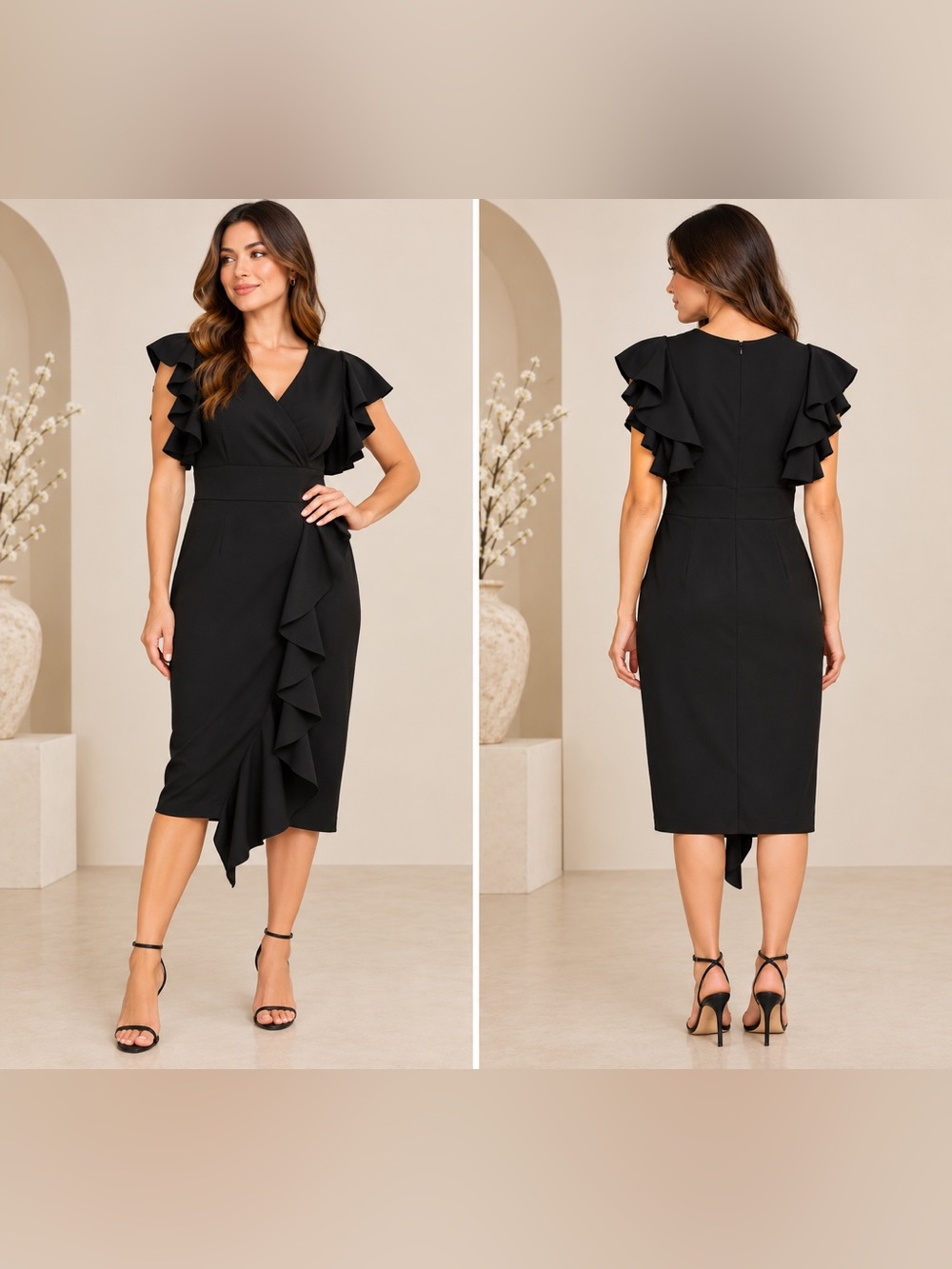 Knitee Black Ruffle Sleeve Below Knee Dress Size M